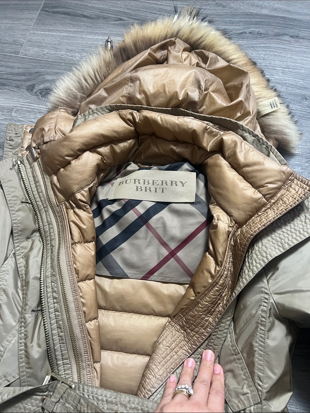 3-in 1 Burberry Beige/Tan Quilted Hooded Belted Parka with Faux Fur Trim - Picture 6 of 16